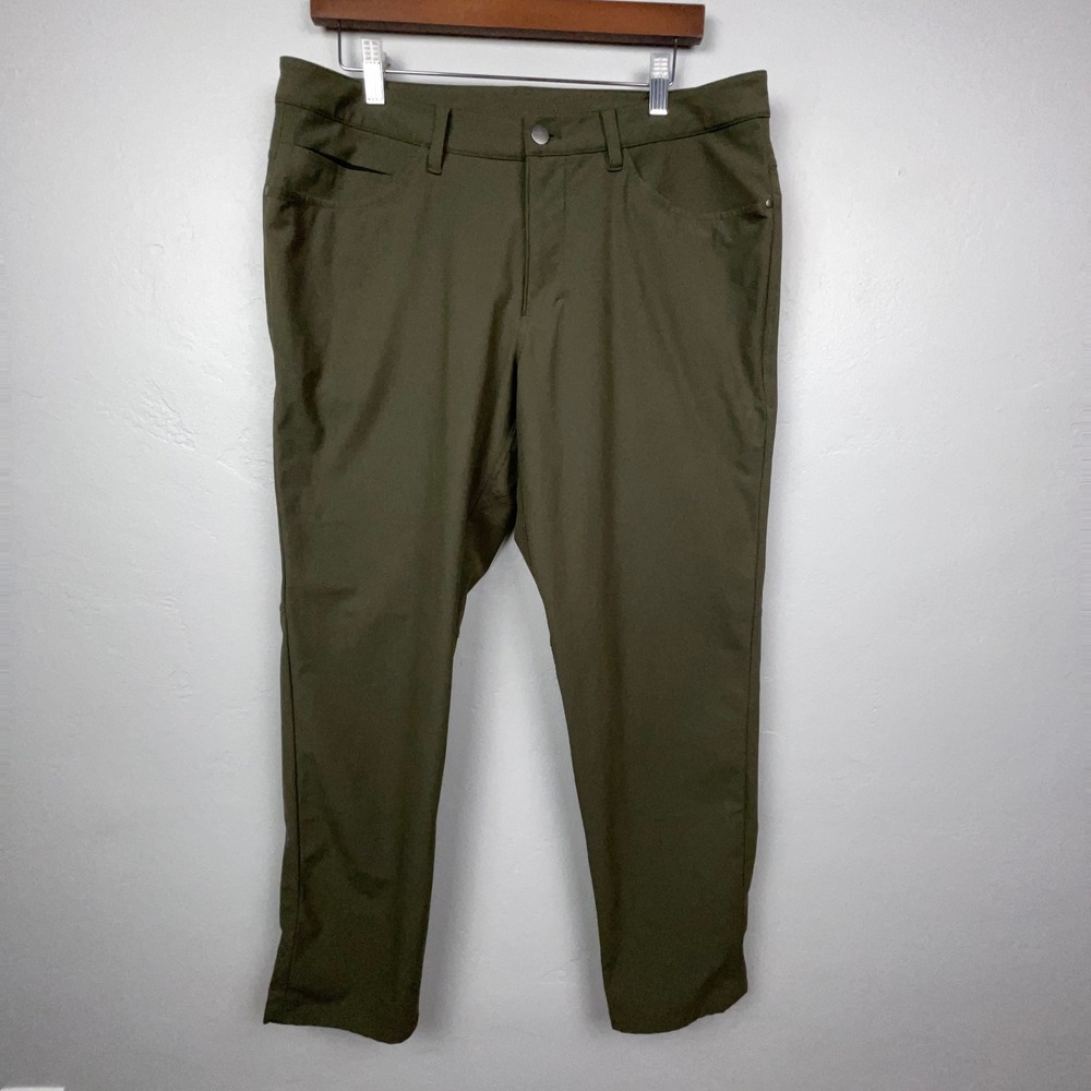 Lululemon ABC Pants Men 34 x 30 Olive Green Tapered Leg Performance Chino